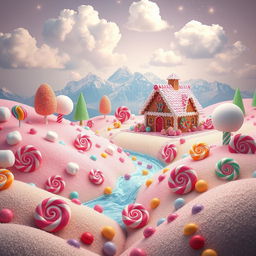 A dreamy and colorful candy land, bursting with oversized sweets and vibrant confections