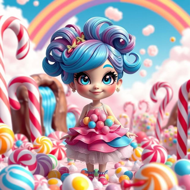 A whimsical and charming candy land scene featuring a vibrant girl protagonist with sparkling blue eyes and colorful hair styled in playful curls