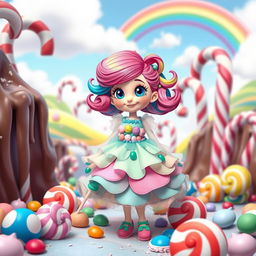 A whimsical and charming candy land scene featuring a vibrant girl protagonist with sparkling blue eyes and colorful hair styled in playful curls
