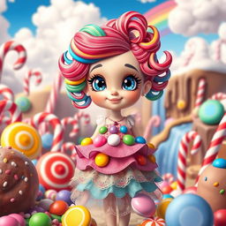 A whimsical and charming candy land scene featuring a vibrant girl protagonist with sparkling blue eyes and colorful hair styled in playful curls