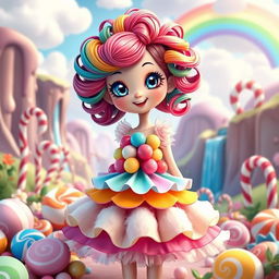 A whimsical and charming candy land scene featuring a vibrant girl protagonist with sparkling blue eyes and colorful hair styled in playful curls