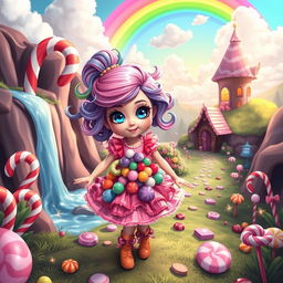 A whimsical and adventurous scene featuring a girl protagonist in a candy land, titled 'The Search of the Candy Witch'