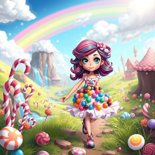 A whimsical and adventurous scene featuring a girl protagonist in a candy land, titled 'The Search of the Candy Witch'