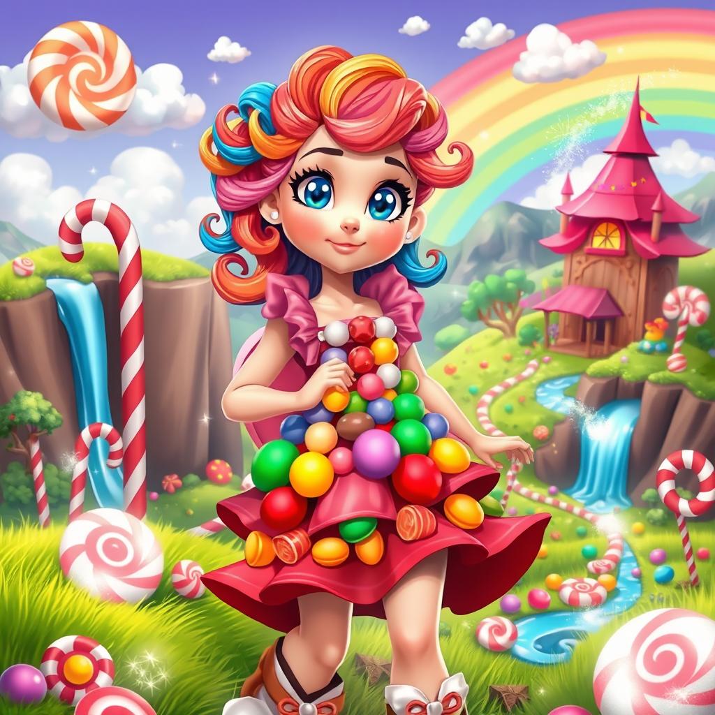 A whimsical and adventurous scene featuring a girl protagonist in a candy land, titled 'The Search of the Candy Witch'