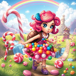 A whimsical and adventurous scene featuring a girl protagonist in a candy land, titled 'The Search of the Candy Witch'
