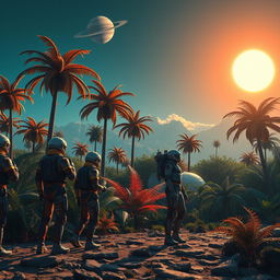 A scene depicting a group of futuristic explorers in sleek, high-tech space suits, standing on the surface of a mysterious alien planet