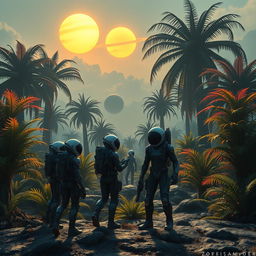 A scene depicting a group of futuristic explorers in sleek, high-tech space suits, standing on the surface of a mysterious alien planet