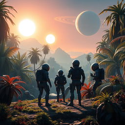 A scene depicting a group of futuristic explorers in sleek, high-tech space suits, standing on the surface of a mysterious alien planet