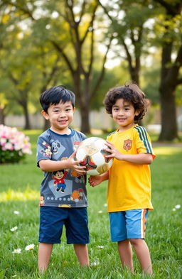 A friendly interaction between a young Korean boy and a young boy of Spanish descent, showcasing their cultural diversity