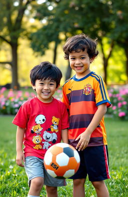 A friendly interaction between a young Korean boy and a young boy of Spanish descent, showcasing their cultural diversity