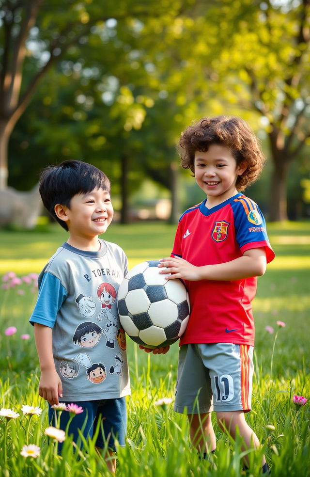 A friendly interaction between a young Korean boy and a young boy of Spanish descent, showcasing their cultural diversity