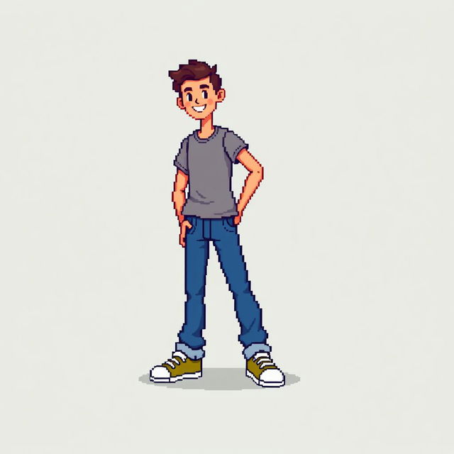 A full-length pixel art image of a person standing in a dynamic pose, with all limbs visible