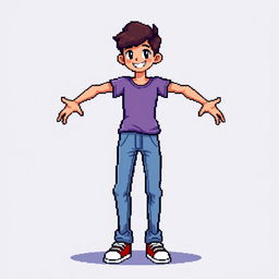 A full-length pixel art image of a person standing in a dynamic pose, with all limbs visible