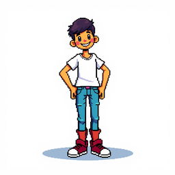 A full-length pixel art image of a person standing in a dynamic pose, with all limbs visible