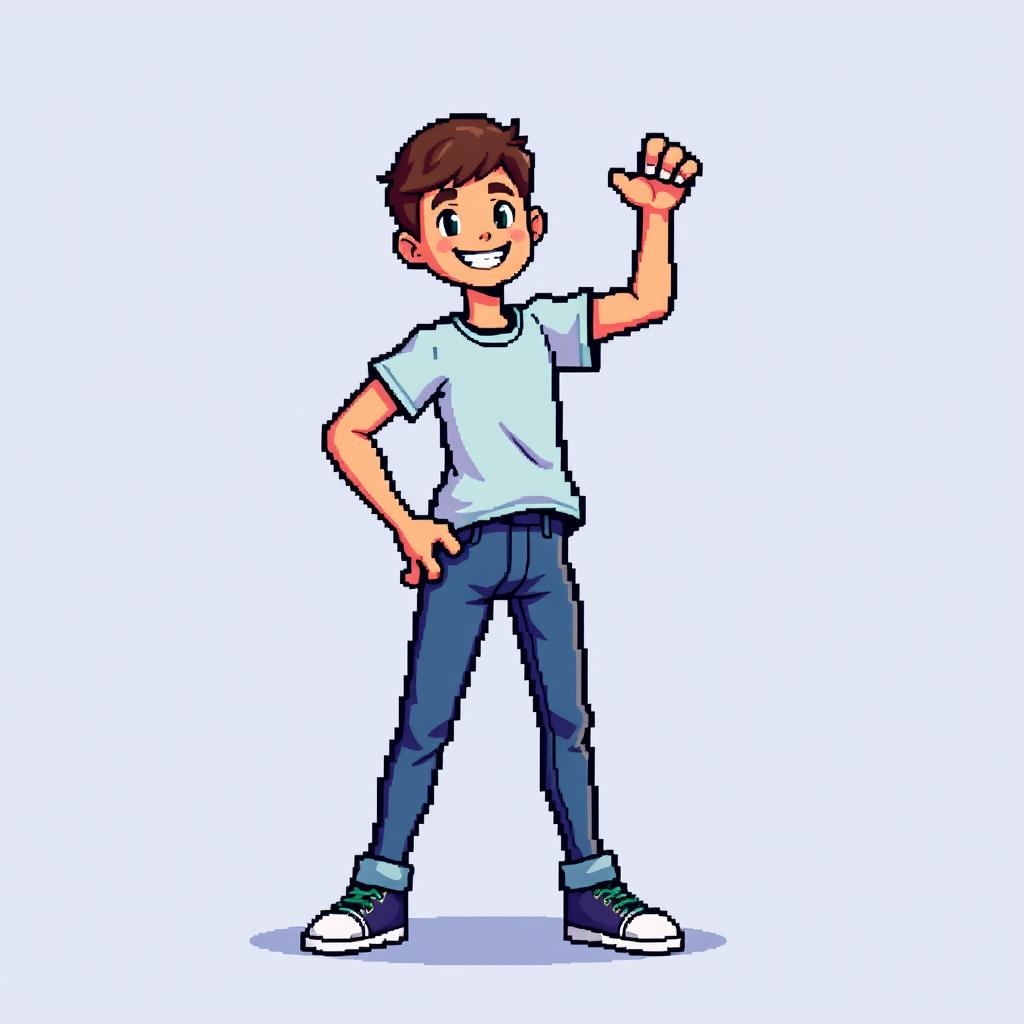 A full-length pixel art image of a person standing in a dynamic pose, with all limbs visible