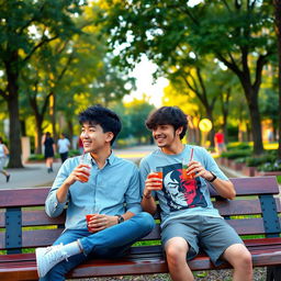 A casual scene featuring a 20-year-old Korean boy and a 21-year-old Spanish boy