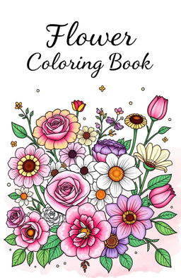 A beautiful front cover design for a flower coloring book featuring a variety of intricate flowers including roses, sunflowers, daisies, and tulips