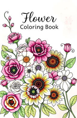 A beautiful front cover design for a flower coloring book featuring a variety of intricate flowers including roses, sunflowers, daisies, and tulips