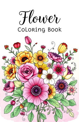A beautiful front cover design for a flower coloring book featuring a variety of intricate flowers including roses, sunflowers, daisies, and tulips