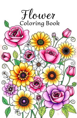 A beautiful front cover design for a flower coloring book featuring a variety of intricate flowers including roses, sunflowers, daisies, and tulips