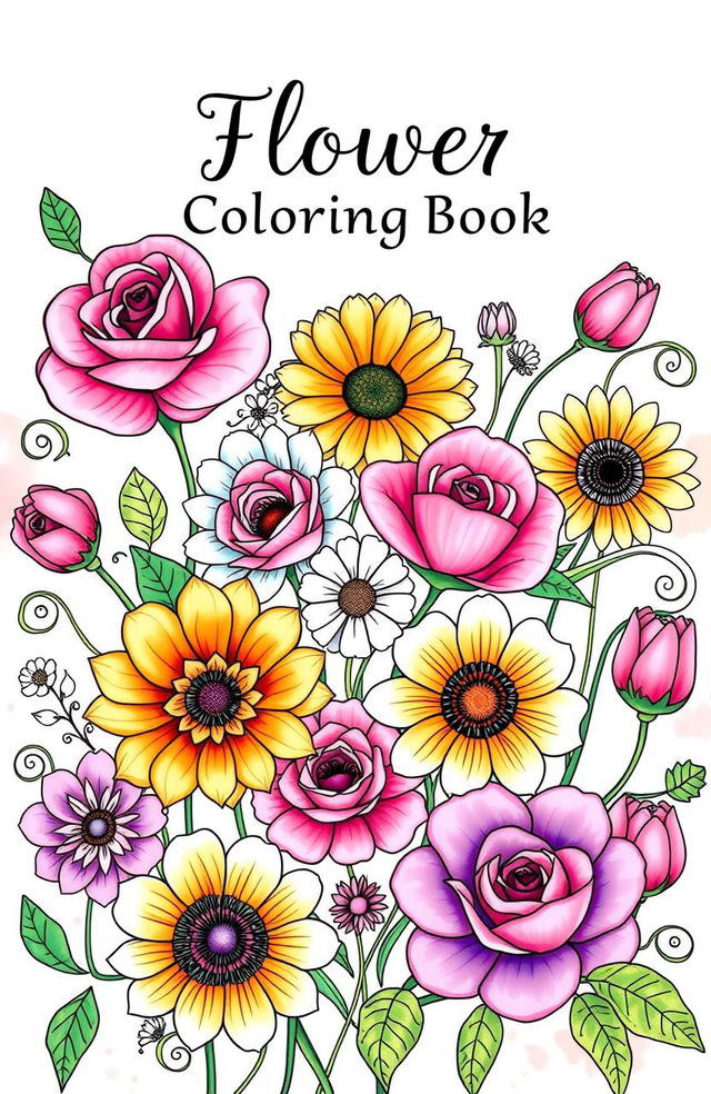 A beautiful front cover design for a flower coloring book featuring a variety of intricate flowers including roses, sunflowers, daisies, and tulips