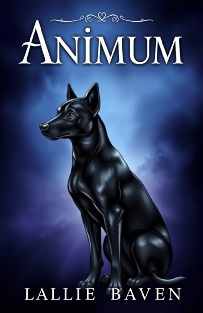 A captivating book cover titled "Animum", featuring a striking illustration of a black dog as the central image