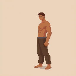 A pixel art image of a man depicted in stylized brown tones, standing in a rectangular pose that emphasizes his proportions and features