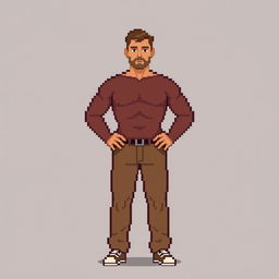 A pixel art image of a man depicted in stylized brown tones, standing in a rectangular pose that emphasizes his proportions and features