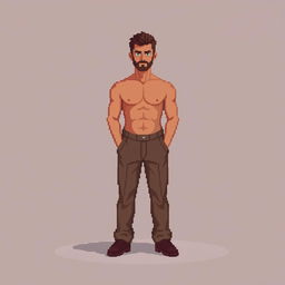A pixel art image of a man depicted in stylized brown tones, standing in a rectangular pose that emphasizes his proportions and features