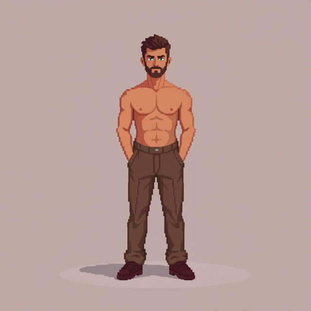 A pixel art image of a man depicted in stylized brown tones, standing in a rectangular pose that emphasizes his proportions and features