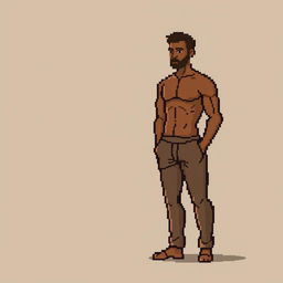 A pixel art image of a man depicted in stylized brown tones, standing in a rectangular pose that emphasizes his proportions and features