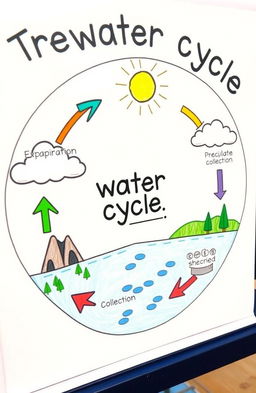 A visually engaging educational illustration depicting a simple and clear diagram of the water cycle, showing all stages: evaporation, condensation, precipitation, and collection