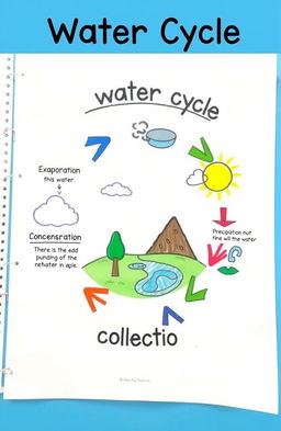 A visually engaging educational illustration depicting a simple and clear diagram of the water cycle, showing all stages: evaporation, condensation, precipitation, and collection