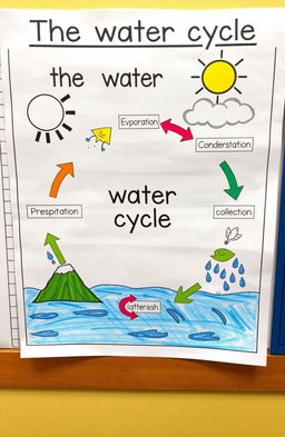 A visually engaging educational illustration depicting a simple and clear diagram of the water cycle, showing all stages: evaporation, condensation, precipitation, and collection