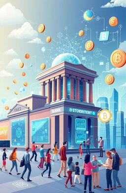 An artistic representation of the evolution of fintech, showcasing key milestones from the early banking systems to modern digital finance
