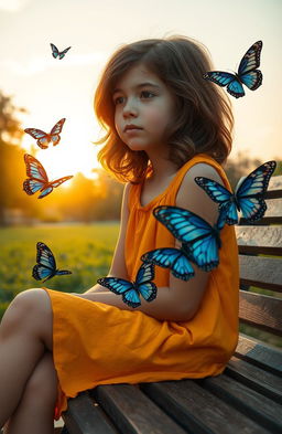 A young girl sitting on a park bench, deep in thought as she experiences a moment of blackout, surrounded by beautiful butterflies with intricate patterns and vivid colors