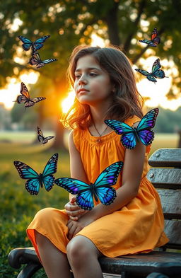 A young girl sitting on a park bench, deep in thought as she experiences a moment of blackout, surrounded by beautiful butterflies with intricate patterns and vivid colors