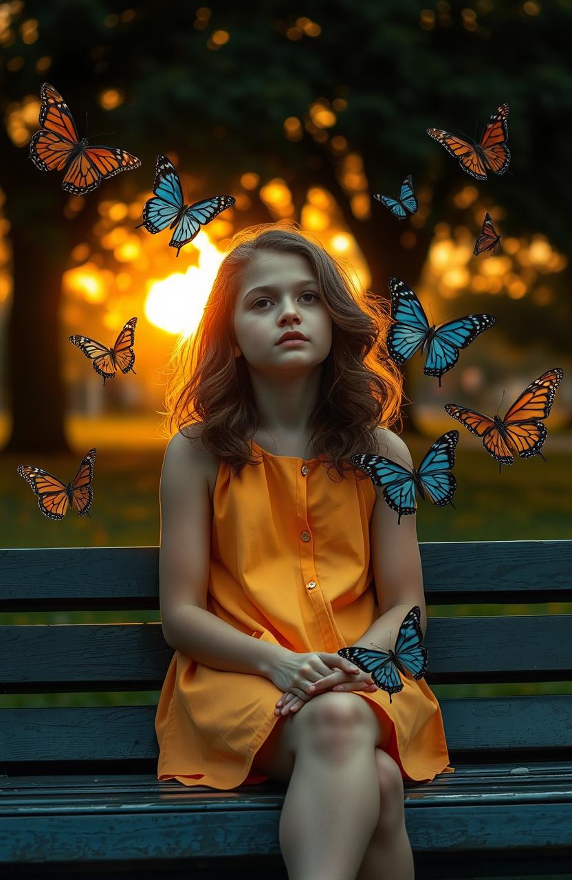 A young girl sitting on a park bench, deep in thought as she experiences a moment of blackout, surrounded by beautiful butterflies with intricate patterns and vivid colors