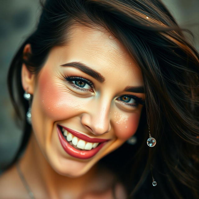 A stunning close-up of a woman's face, elegantly adorned with shimmering makeup