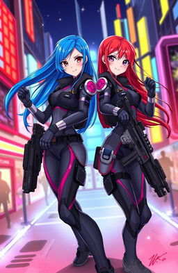 A captivating illustration of two identical twin sisters in a dynamic, futuristic setting