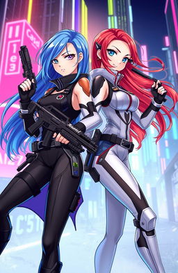 A captivating illustration of two identical twin sisters in a dynamic, futuristic setting