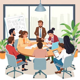 An informative and visually engaging illustration depicting group dynamics in a workplace setting