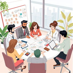 An informative and visually engaging illustration depicting group dynamics in a workplace setting