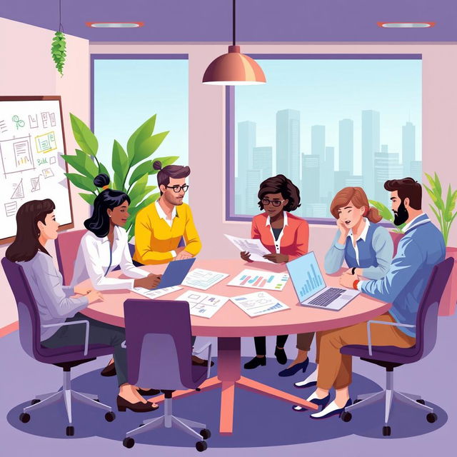 An informative and visually engaging illustration depicting group dynamics in a workplace setting