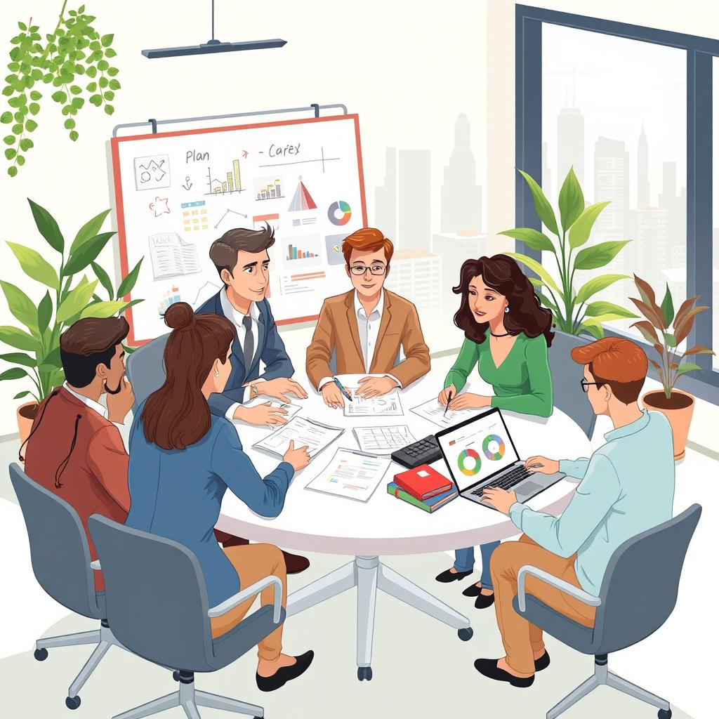 An informative and visually engaging illustration depicting group dynamics in a workplace setting