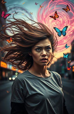 A dramatic scene showcasing a young woman with striking features, her hair flowing wildly, as she experiences a blackout moment