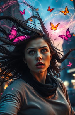 A dramatic scene showcasing a young woman with striking features, her hair flowing wildly, as she experiences a blackout moment