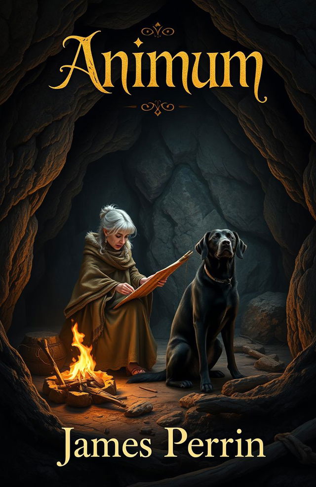 Book cover design for 'Animum' by James Perrin, featuring a mysterious black dog sitting beside an old lady weaving in a dimly lit cave