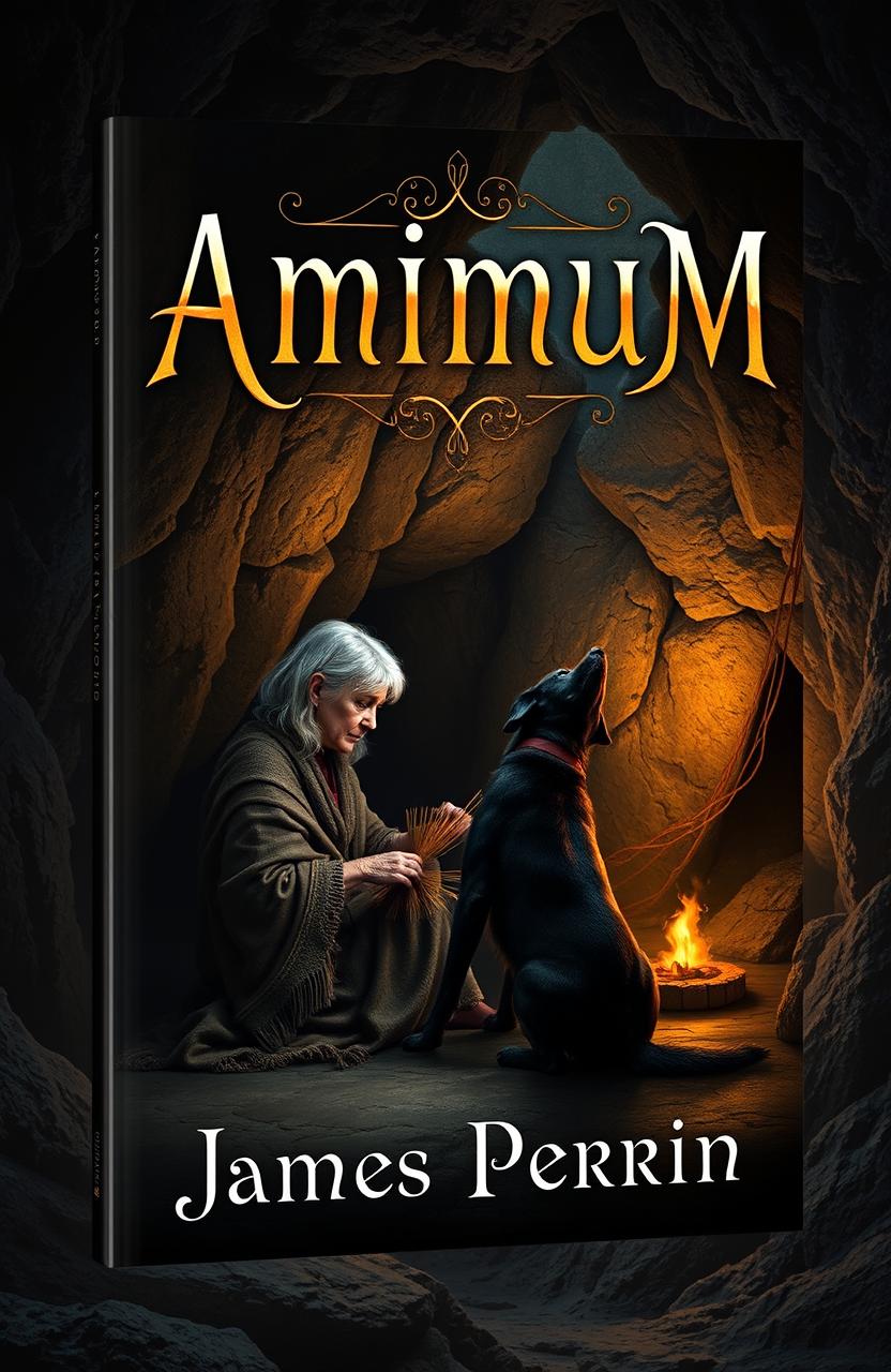 Book cover design for 'Animum' by James Perrin, featuring a mysterious black dog sitting beside an old lady weaving in a dimly lit cave