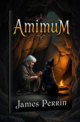 Book cover design for 'Animum' by James Perrin, featuring a mysterious black dog sitting beside an old lady weaving in a dimly lit cave